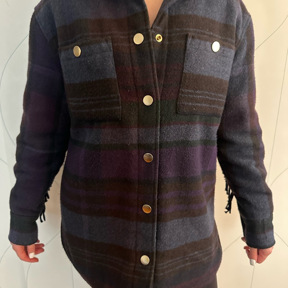 House of Harlow Women’s Plaid Jacket with Fringe- Black, Purple, Green